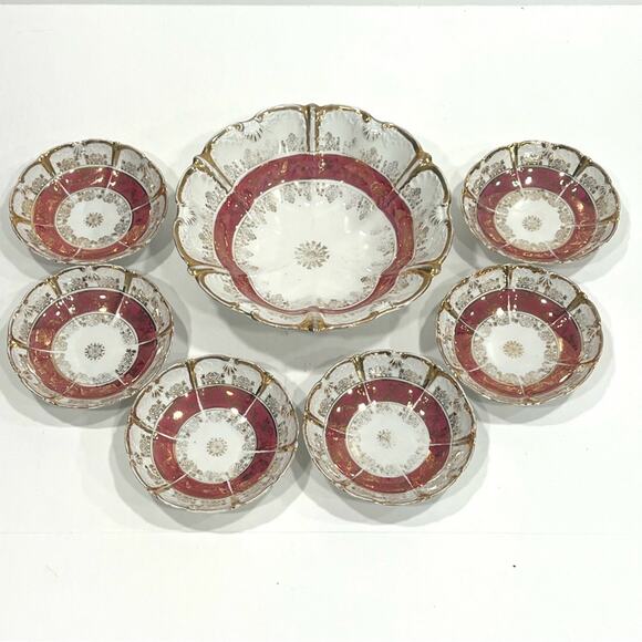 Antique Vintage JPF Germany Bowl Set Large & 6 Small Salad Soup Pasta Flower - Picture 2 of 15